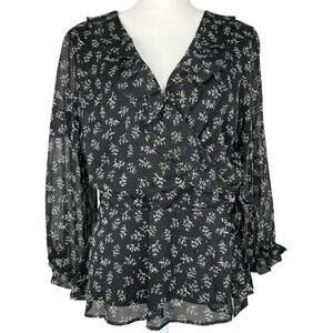 Collective Concepts Black Floral Ruffle Wrap Blouse Top Size XL